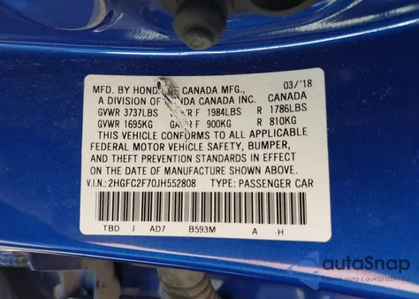 2018 Honda Civic Ex z USA, uszkodzony, nr VIN 2HGFC2F70JH552808